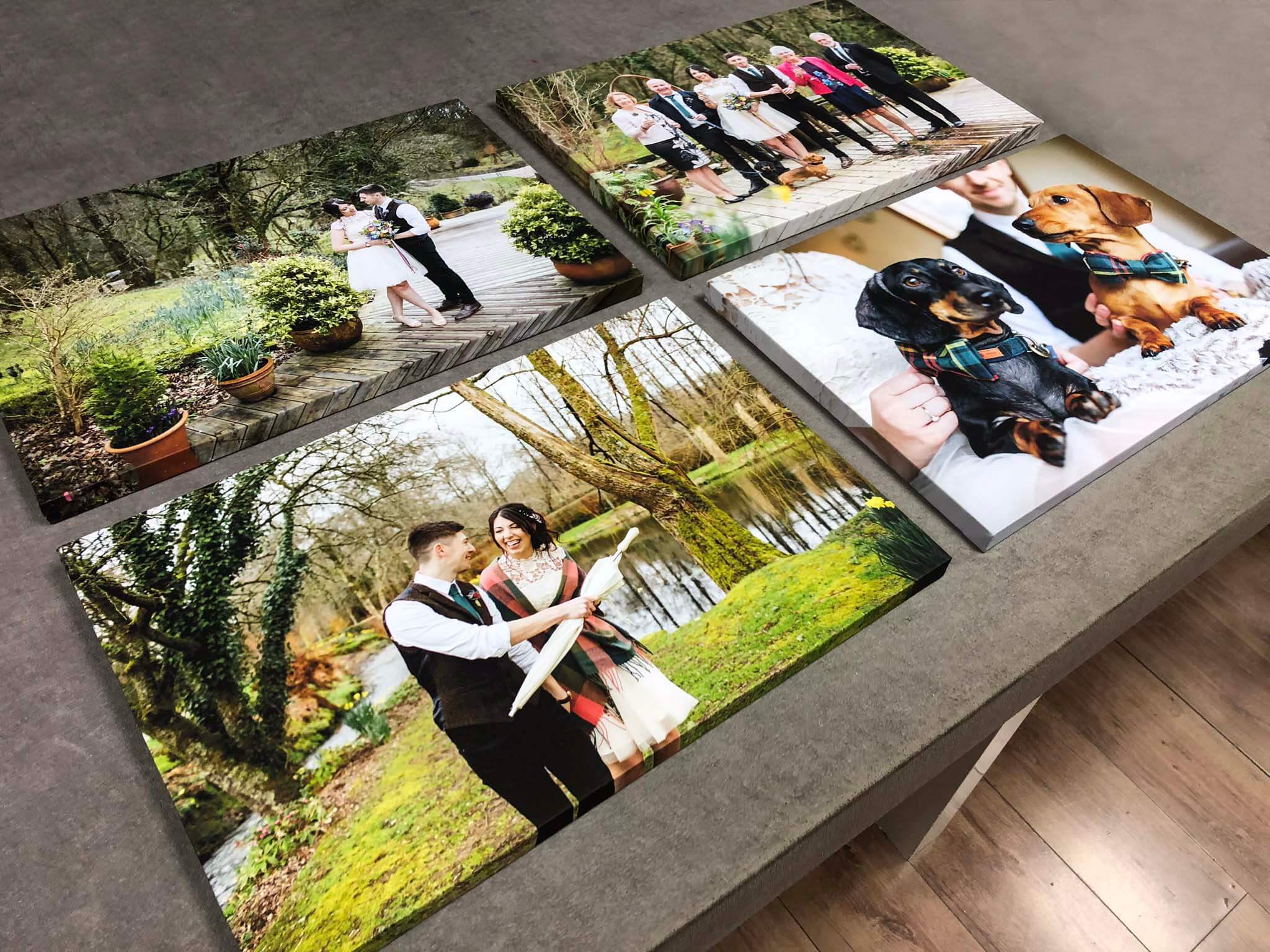 Wedding photos ideas and inspiration of four custom canvas prints of a variety of wedding day photos and family photos with same day dispatch