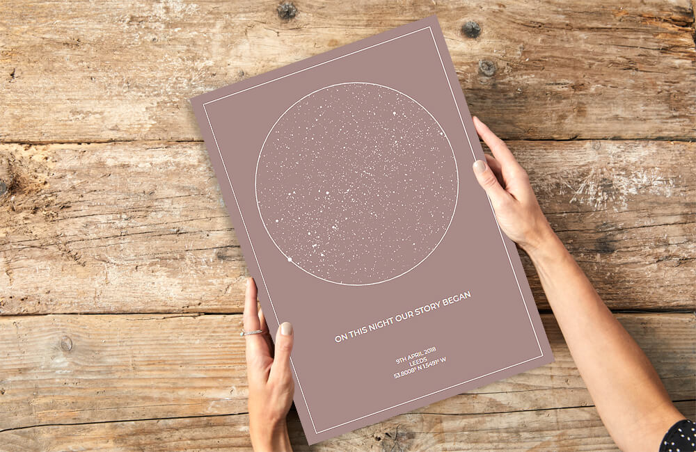 Create a personalised sky map poster online with our star map tool and complete with poster printing